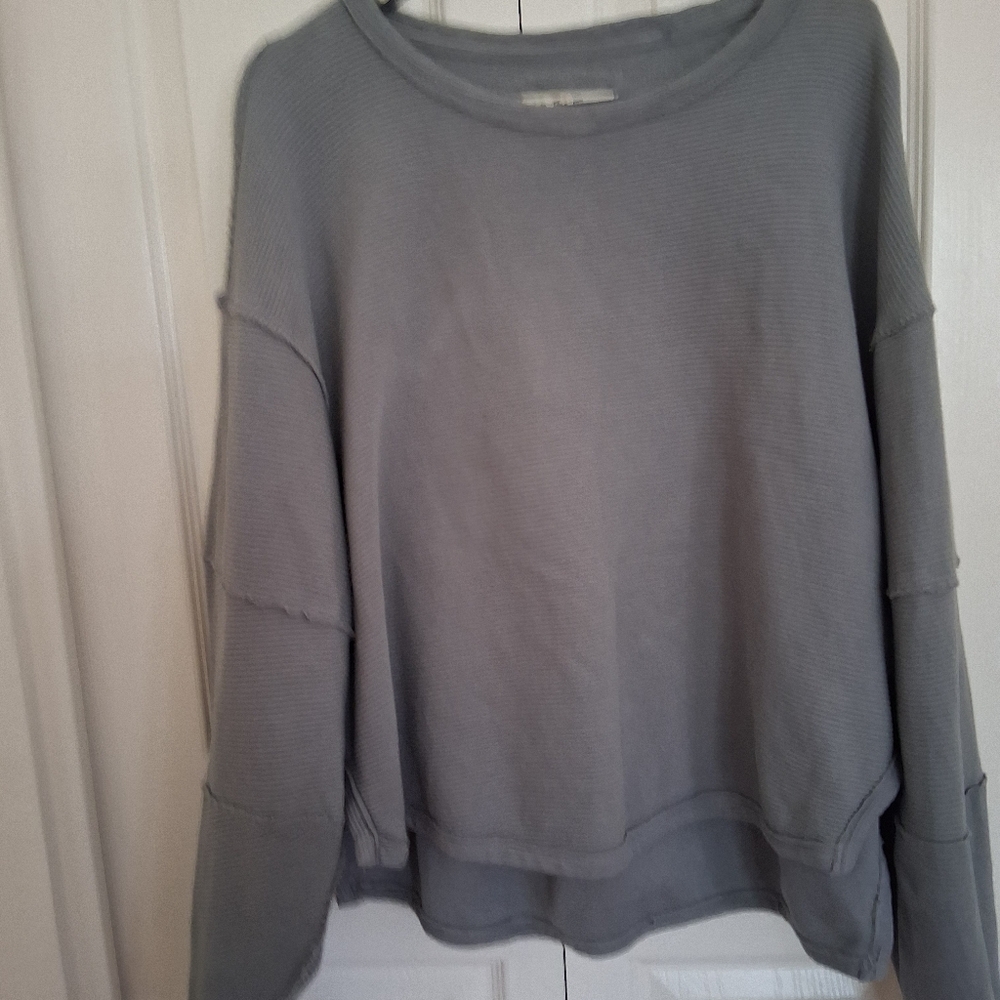 Free People Oversized Gray Ribbed Long Sleeve Boho Top